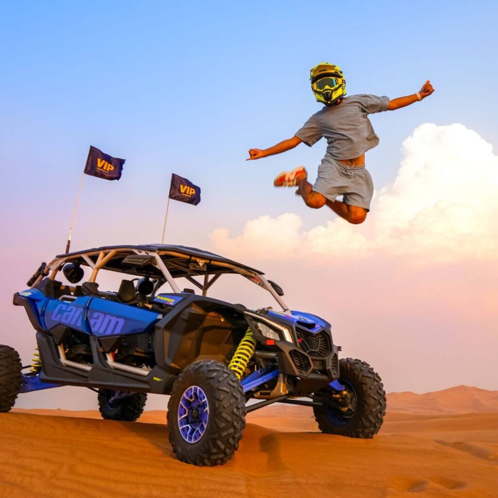 Hit the red dunes of Dubai with your whole crew in one of the most powerful off-road vehicles: the 4-Seater Can-Am Maverick X3 Turbo. This high-performance buggy combines 195 HP turbocharged power, long-travel suspension, and a fully automatic transmission — making it perfect for adrenaline-charged dune bashing with friends or family.