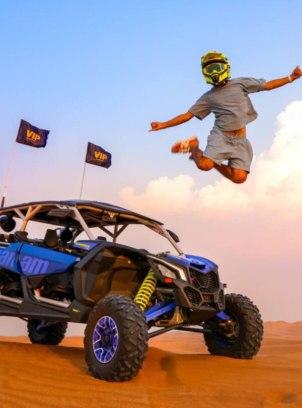 Hit the red dunes of Dubai with your whole crew in one of the most powerful off-road vehicles: the 4-Seater Can-Am Maverick X3 Turbo. This high-performance buggy combines 195 HP turbocharged power, long-travel suspension, and a fully automatic transmission — making it perfect for adrenaline-charged dune bashing with friends or family.