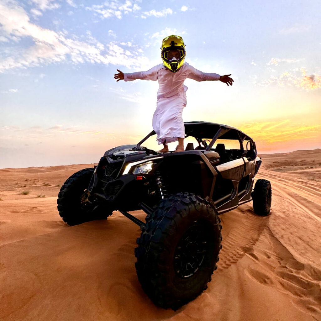 Hit the red dunes of Dubai with your whole crew in one of the most powerful off-road vehicles: the 4-Seater Can-Am Maverick X3 Turbo. This high-performance buggy combines 195 HP turbocharged power, long-travel suspension, and a fully automatic transmission — making it perfect for adrenaline-charged dune bashing with friends or family.