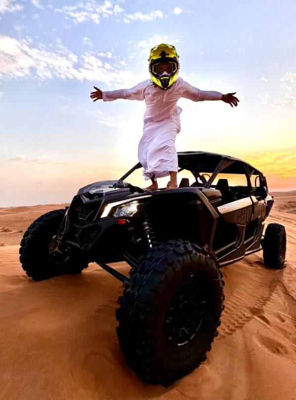 Hit the red dunes of Dubai with your whole crew in one of the most powerful off-road vehicles: the 4-Seater Can-Am Maverick X3 Turbo. This high-performance buggy combines 195 HP turbocharged power, long-travel suspension, and a fully automatic transmission — making it perfect for adrenaline-charged dune bashing with friends or family.