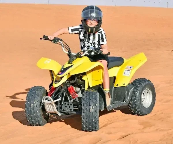 Let your little adventurers enjoy the thrill of the desert with a safe and fun 90CC quad bike ride – specially built for kids aged 6 to 12. These low-speed, beginner-friendly ATVs come with full safety features and are operated in a controlled, supervised area away from adult rides.